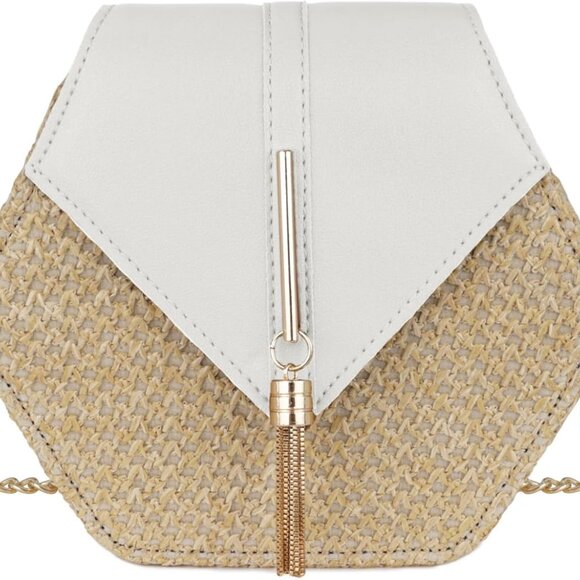 Women Straw Crossbody Bag Faux Leather Small Summer Beach Purse with Tassel - Picture 1 of 7